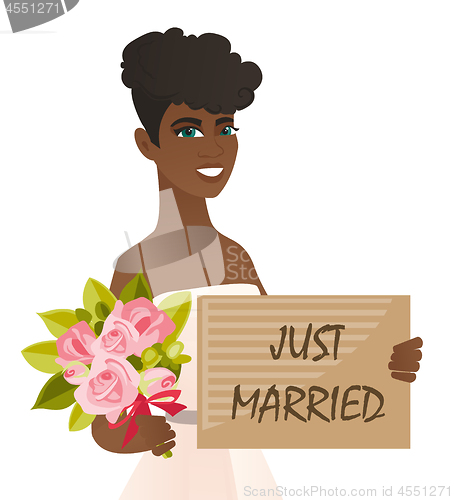 Image of African bride holding plate with text just married