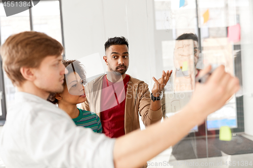 Image of creative team with scheme at office glass board