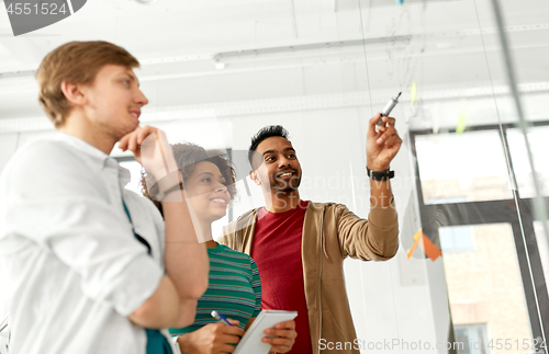 Image of happy creative team at office glass board