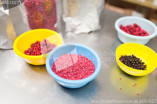 Image of berries in bowls at confectionery shop kitchen