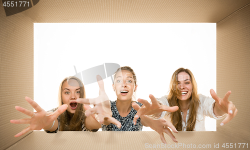 Image of Shocked people opening the biggest postal package