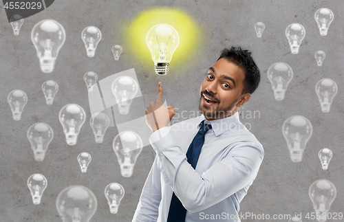 Image of indian businessman pointing finger at light bulb