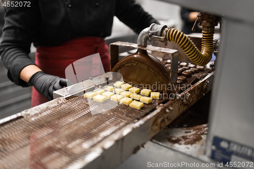 Image of candies making by chocolate coating machine