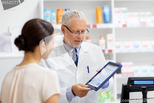 Image of apothecary and customer with tablet pc at pharmacy