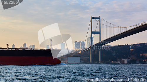 Image of Turkey, Istanbul, Bosphorus Channel, Bosphorus Bridge, an cargo ship under the Bridge.