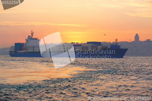 Image of Container ship in the Bosphorus Strait. Istanbul, Turkey.