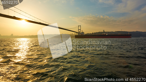 Image of Turkey, Istanbul, Bosphorus Channel, Bosphorus Bridge, an cargo ship under the Bridge.