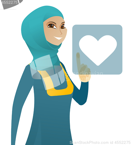 Image of Business woman pressing web button with heart.