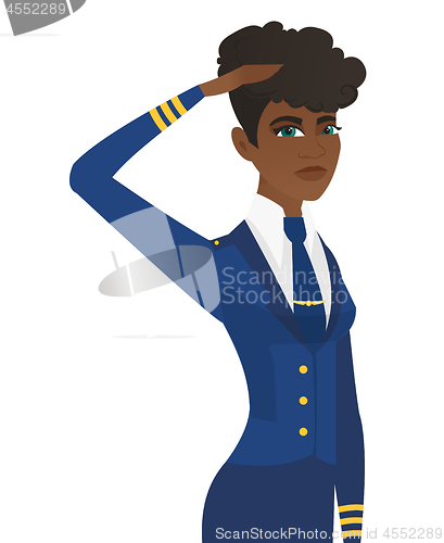 Image of Young african-american stewardess saluting.
