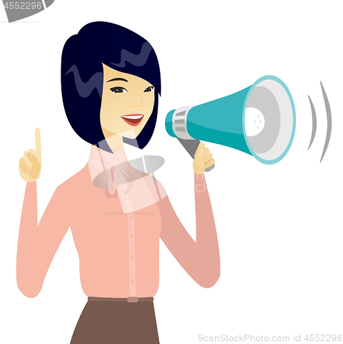 Image of Asian business woman speaking into loudspeaker.