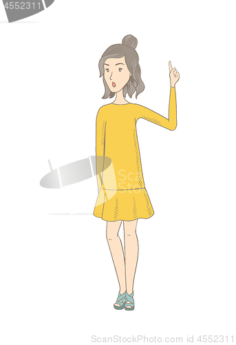 Image of Hippie woman with open mouth pointing finger up.