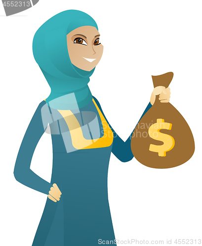 Image of Young muslim business woman holding a money bag.