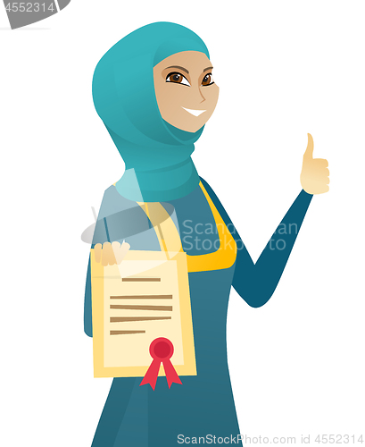 Image of Young muslim business woman holding a certificate.