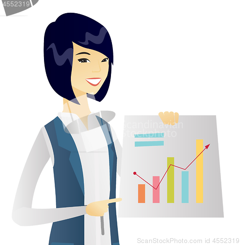 Image of Young asian business woman showing financial chart