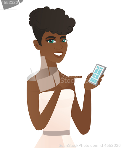 Image of Young african fiancee holding a mobile phone.