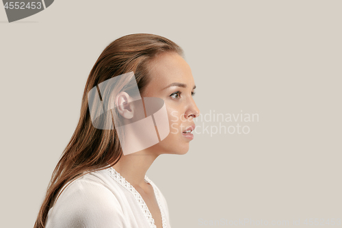 Image of The serious business woman standing and looking at camera against gray background.