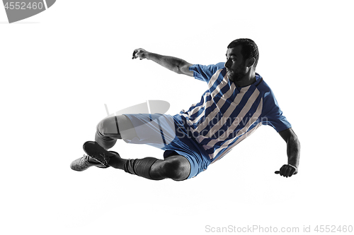 Image of Professional football soccer player in action isolated on white background