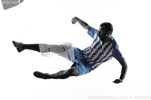 Image of Professional football soccer player in action isolated on white background