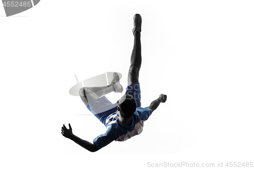 Image of Professional football soccer player in action isolated on white background
