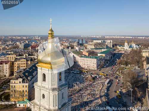 Image of view landscape in Kiev with St. Sophia bell tower and people sightseeing at Sofiiska square