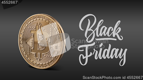 Image of Gold coin bitcoin, calligraphic inscription black Friday