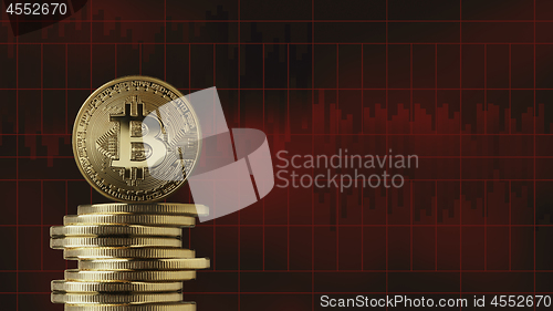 Image of Stack of gold coins bitcoin on a red background