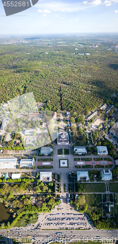 Image of Vertical panorama to the central symmetrical square of the National Exhibition Center in Kiev, Ukraine.