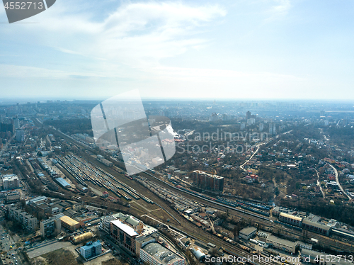 Image of Panoramic view of the city of Kiev and the railway against the blue sky, aerial view