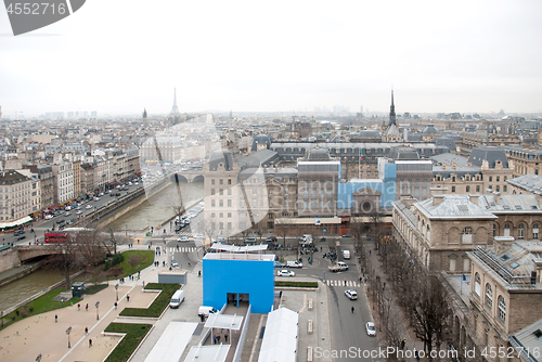 Image of aerial view of Seine river and Eiffel tower, France