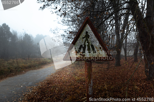 Image of Damaged pedestrian sign at forestal road