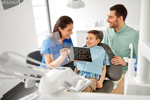 Image of dentist showing tablet pc to kid at dental clinic