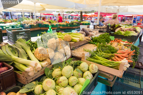 Image of Vegetable market stall.