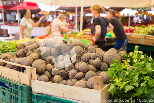 Image of Vegetable market stall.