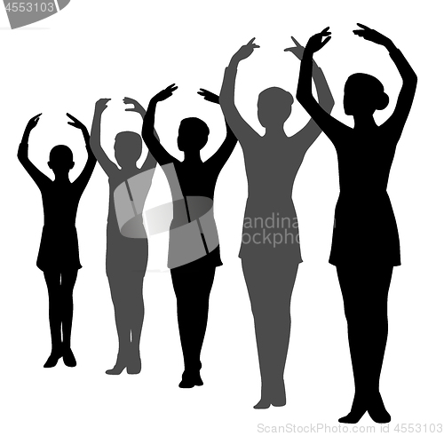 Image of Ballet dancers girls and boy standing in a row with raised hands