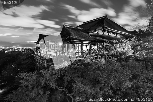 Image of Black and white night photo of Kiyomizu-dera Temple in Kyoto, Japan