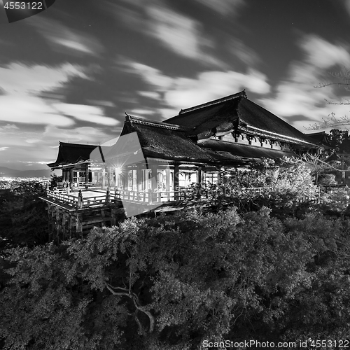 Image of Black and white night photo of Kiyomizu-dera Temple in Kyoto, Japan