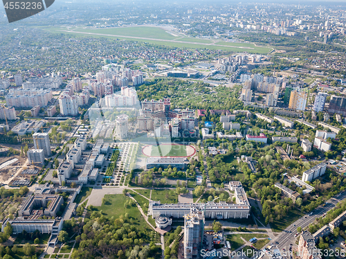 Image of Aerial panoramic view from the drone to Kyiv Natiional University Tarasa Shevchenka and and the runway Sikorsky Kyiv International Airport Zhuliany, Ukraine.