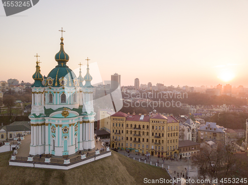 Image of View of St. Andrew\'s Church and the historical Podol part of the city Kiev, Ukraine