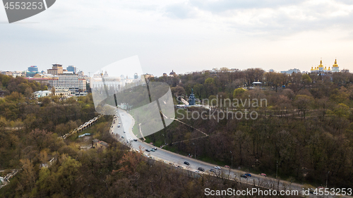 Image of Panoramic aerial view from the drone, a view of the bird\'s eye view of the the oldest historical central part of the city of Kiev, Ukraine.