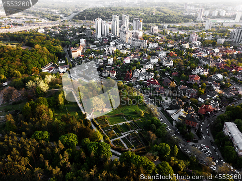 Image of Aerial view of the botanical garden and the city of Kiev, Ukraine. Photo from the drone