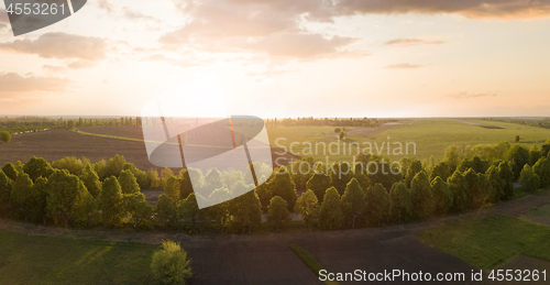 Image of Aerial view from the drone, a bird\'s eye view of abstract geometric forms of agricultural fields with a dirt road through them in the summer evening at sunset.