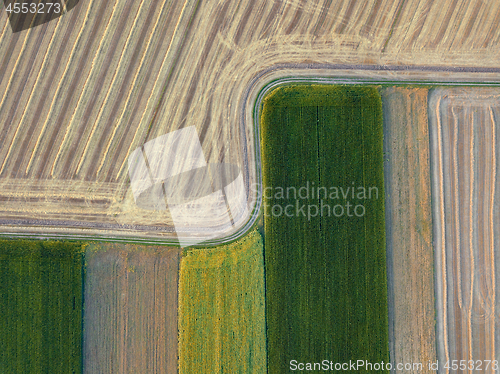 Image of Panoramic view from flying drones to agricultural fields, prepared for sowing crops. Top view.