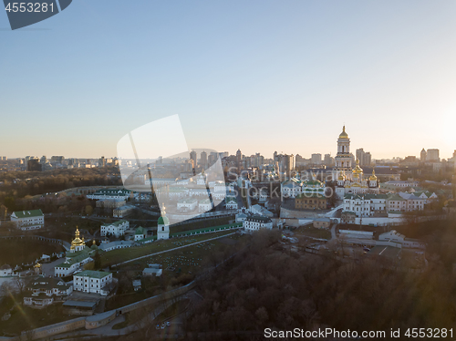 Image of Bird\'s eye view from the drone to the Kiev Pechersk Lavra with historical cathedral of the monastery in Kiev, Ukraine.