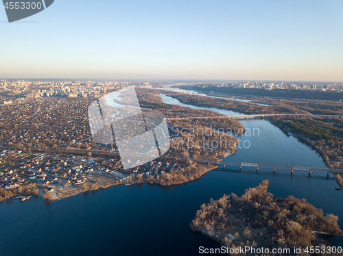 Image of Landscape view of the left bank of Kiev with the Dnieper River against the blue sky