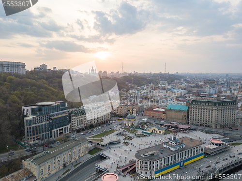Image of view of the river station, Postal Square with St. Elijah Church , tourist boats and the Andreev Church in Kyiv city