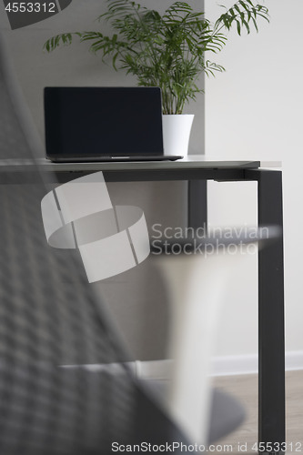 Image of Comfortable office work space with desk, chair, computer display and green pot on a table. Green business office concept.