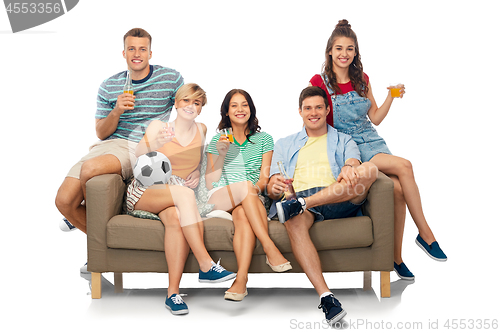 Image of friends or soccer fans with ball and drinks