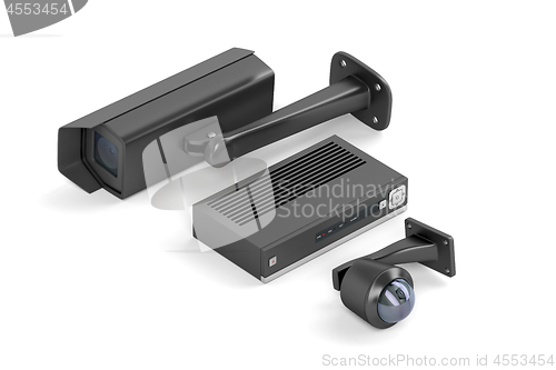 Image of Black security cameras and digital video recorder