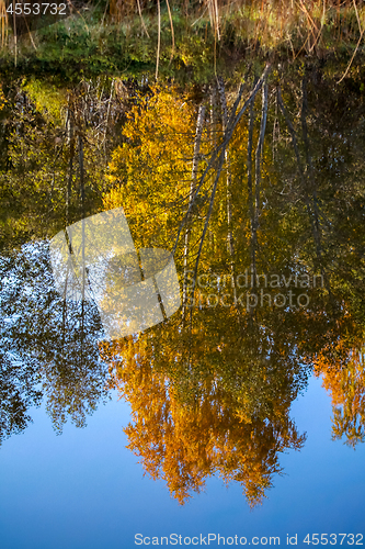 Image of Autumn landscape with colorful trees and reflection in river. 