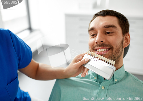 Image of dentist choosing tooth color for patient at clinic